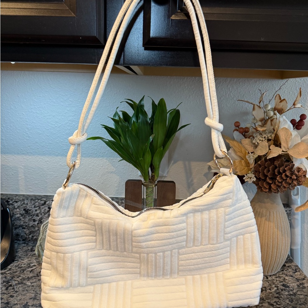 Cream Textured Woven Shoulder Bag